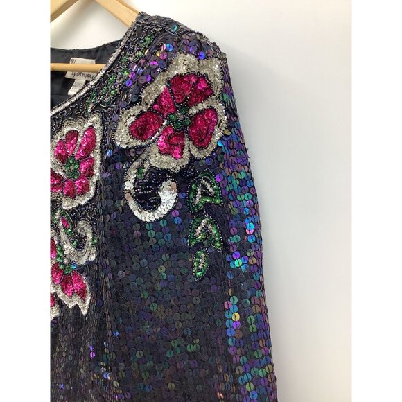 Vintage 80s Elegance by Anujan Black Silk Sequin Floral Blouse Medium NEW - Picture 7 of 7